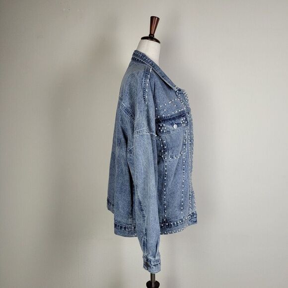 BiBi Jacket Womens Large Blue Denim Trucker Pearls Distressed Button Down NEW - Picture 2 of 7